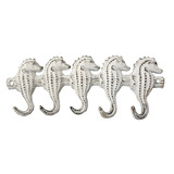 Mr Gecko Cast Iron Hand Made Wall 4 Hook Hanger Seahorse Design Antique White