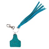 Leather Embossed Ear Tag Tassel Key Ring Turquoise