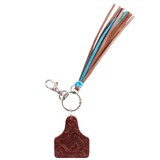 Leather Embossed Ear Tag Tassel Key Ring Brown