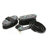 Brush Grooming Kit Horse Pony Black With Stars 5 Pieces Brushes Hoof Pick