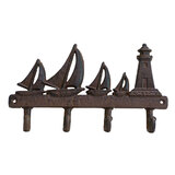 Mr Gecko Sailboat / Beacon Cast Iron Wall 4 Hooks Hand Made Antique Rust