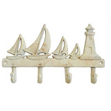 Mr Gecko Sailboat / Beacon Cast Iron Wall 4 Hooks Hand Made Antique White